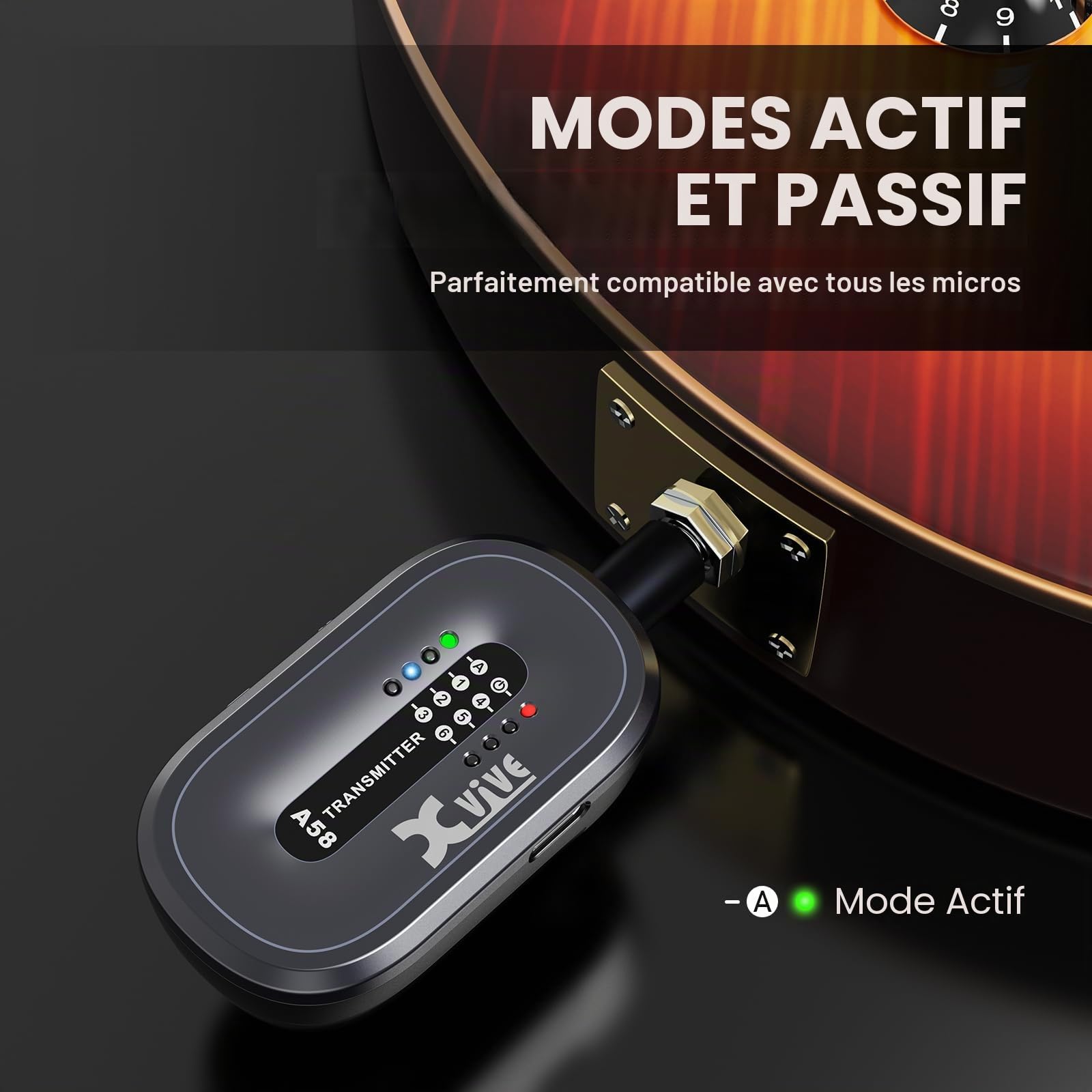 Système de guitare sans fil Xvive AC58 5,8 GHz, système sans fil pour guitare A58 avec étui de chargement pour guitare électrique/acoustique à micros actifs ou passifs