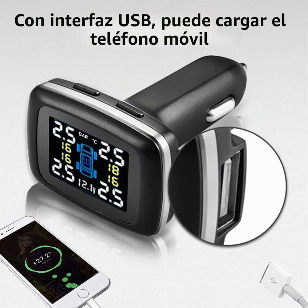 OBEST Sistema de control de presión de los neumáticos - Monitor inalámbrico TPMS con 4 sensores externos - Ángulo de visión ajustable - Toma de encendedor y puerto de carga USB