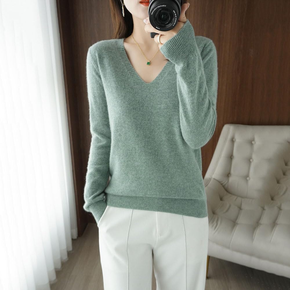 Kaschmirpullover Für Damen, Pullover Mit V-Ausschnitt Herbst Und Winter Pullover, Strickpullover Langarm Pullover Für Herbst Winter, 100% Wolle Kaschmir Damen Locker Lässig, Grün, L