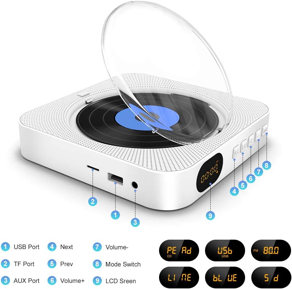 Portable CD Player with Bluetooth,Remote Control Wall Mountable CD Music Player with Built-in HiFi Speakers, with Dust Cover/LED Screen,Bluetooth Speakers & FM Radio Support CD, USB, TF, AUX Input