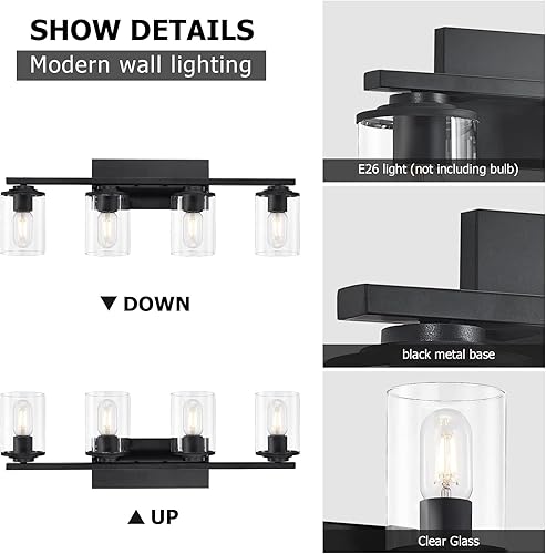 Miniatura 3 de SADENICEL Lámparas de baño de 4 luces, luces de tocador para baño, apliques de pared negros con pantallas de cristal transparente