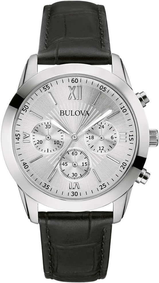 Bulova 96A162 Gents Premium Dress Watch, Embossed Leather Strap, Silver Analogue Dial, Japanese Quartz Power, Chronograph Capabilities, 30 metres Water Resistant.