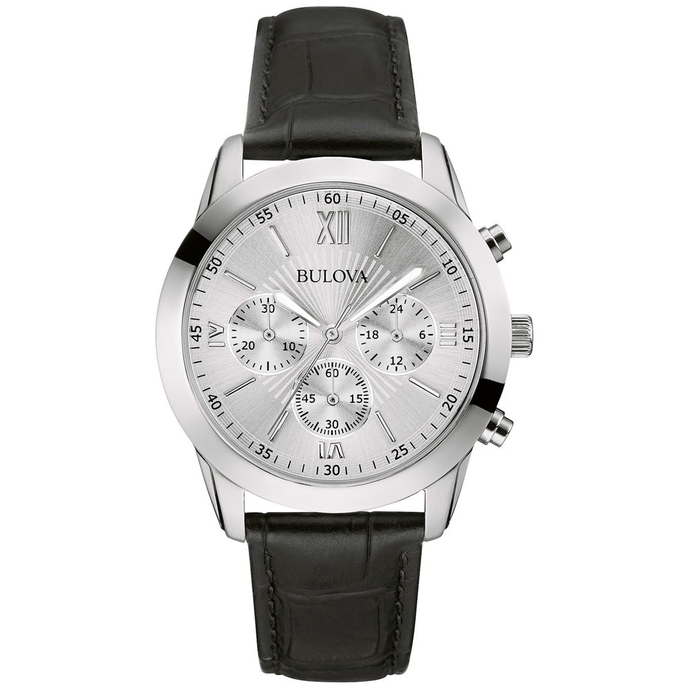 Bulova 96A162 Gents Premium Dress Watch, Embossed Leather Strap, Silver Analogue Dial, Japanese Quartz Power, Chronograph Capabilities, 30 metres Water Resistant.