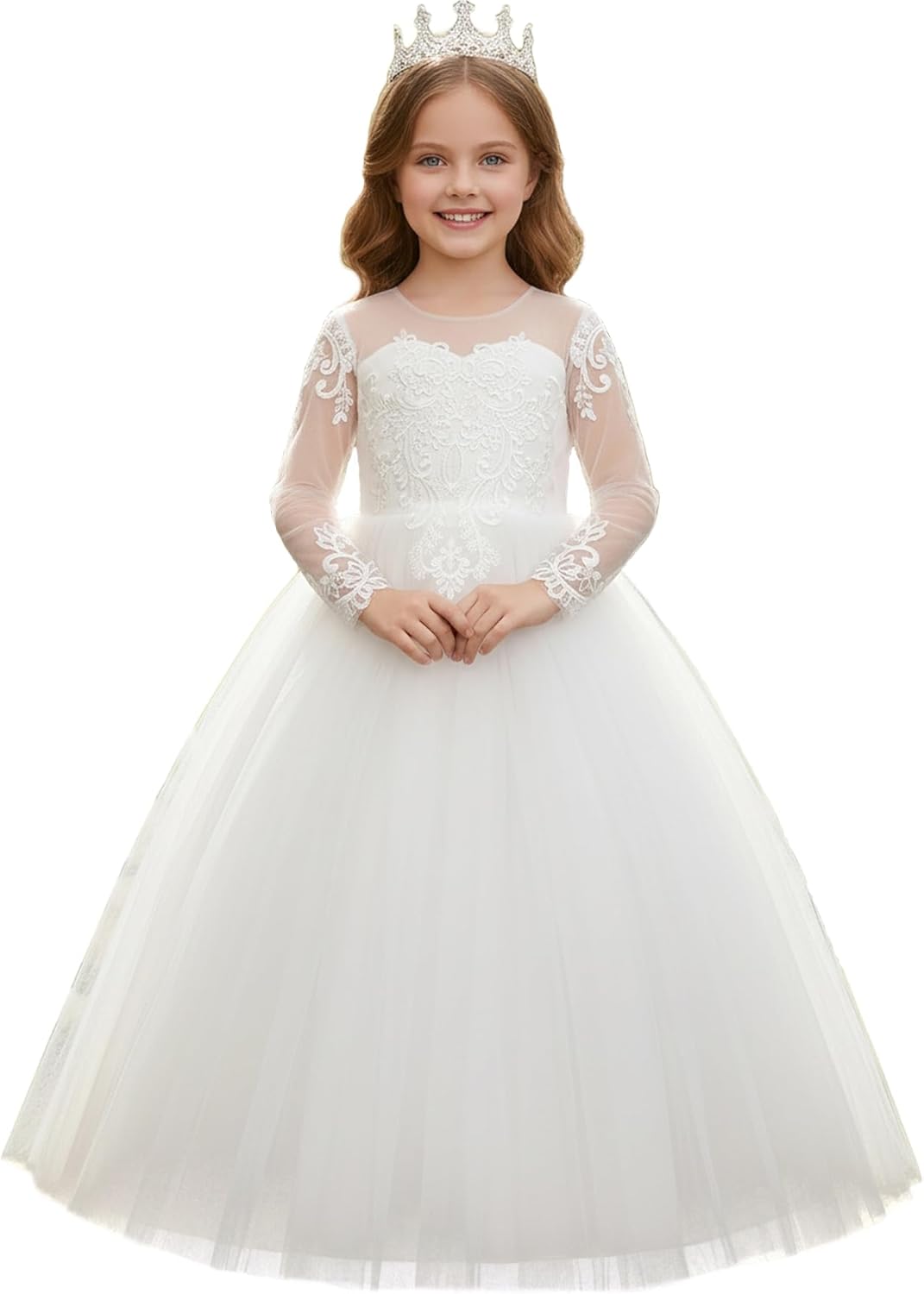 ABAO SISTER Girls' White Tulle Lace Embroidered Flower Girl Dress Communion Wedding Party Gown Elegant Princess Formal Dress