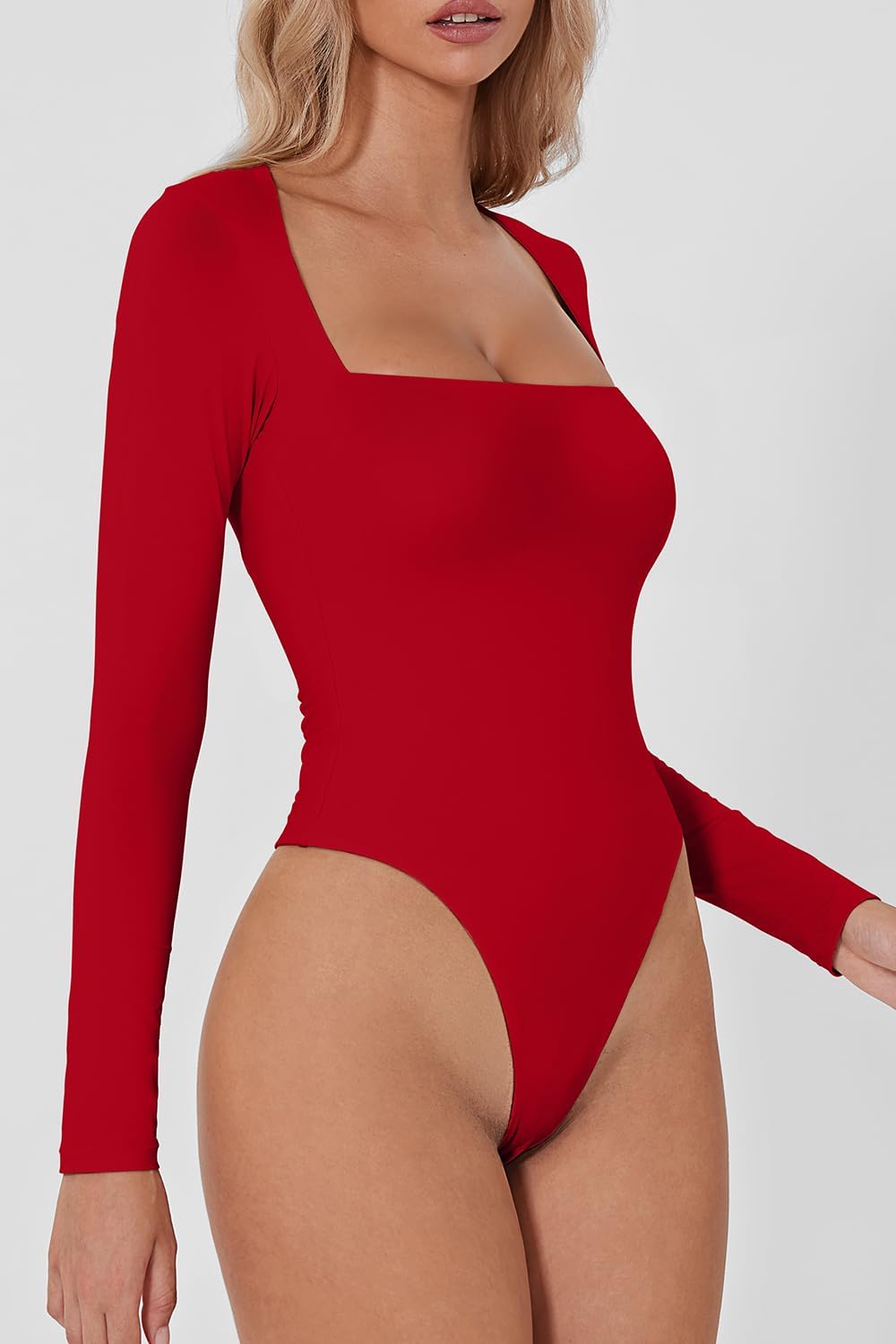 QINSEN Women's Sexy Square Neck Bodysuit Long Sleeve Double Lined Shirt Tops