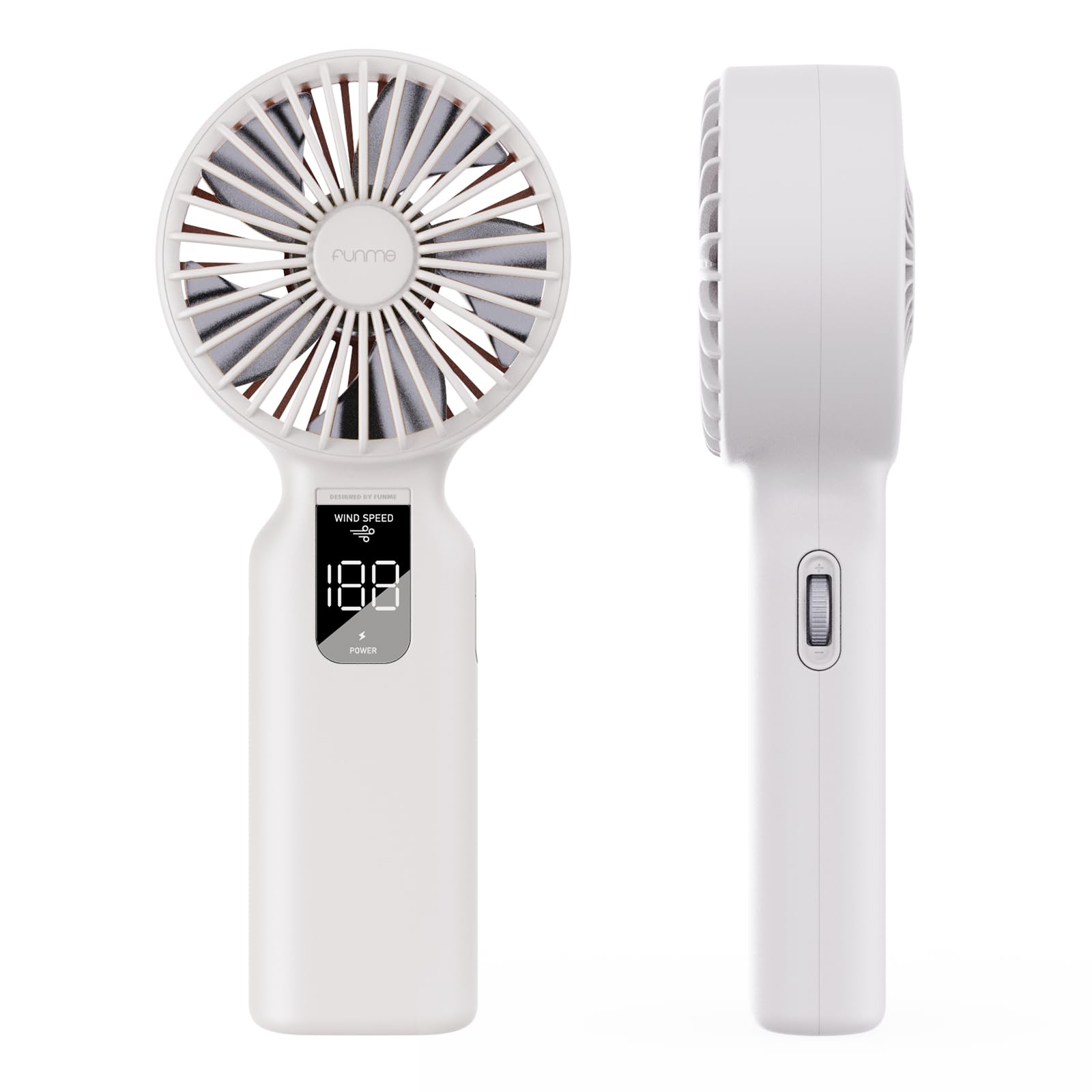 Funme Handheld Fan, 100-Speed & 7m/s Storm Mode Portable Fan with 4000mAh Rechargeable Battery 23H Runtime, Quiet Cooling Fan with LED Display for Travel Outdoor Camping Office Home – White