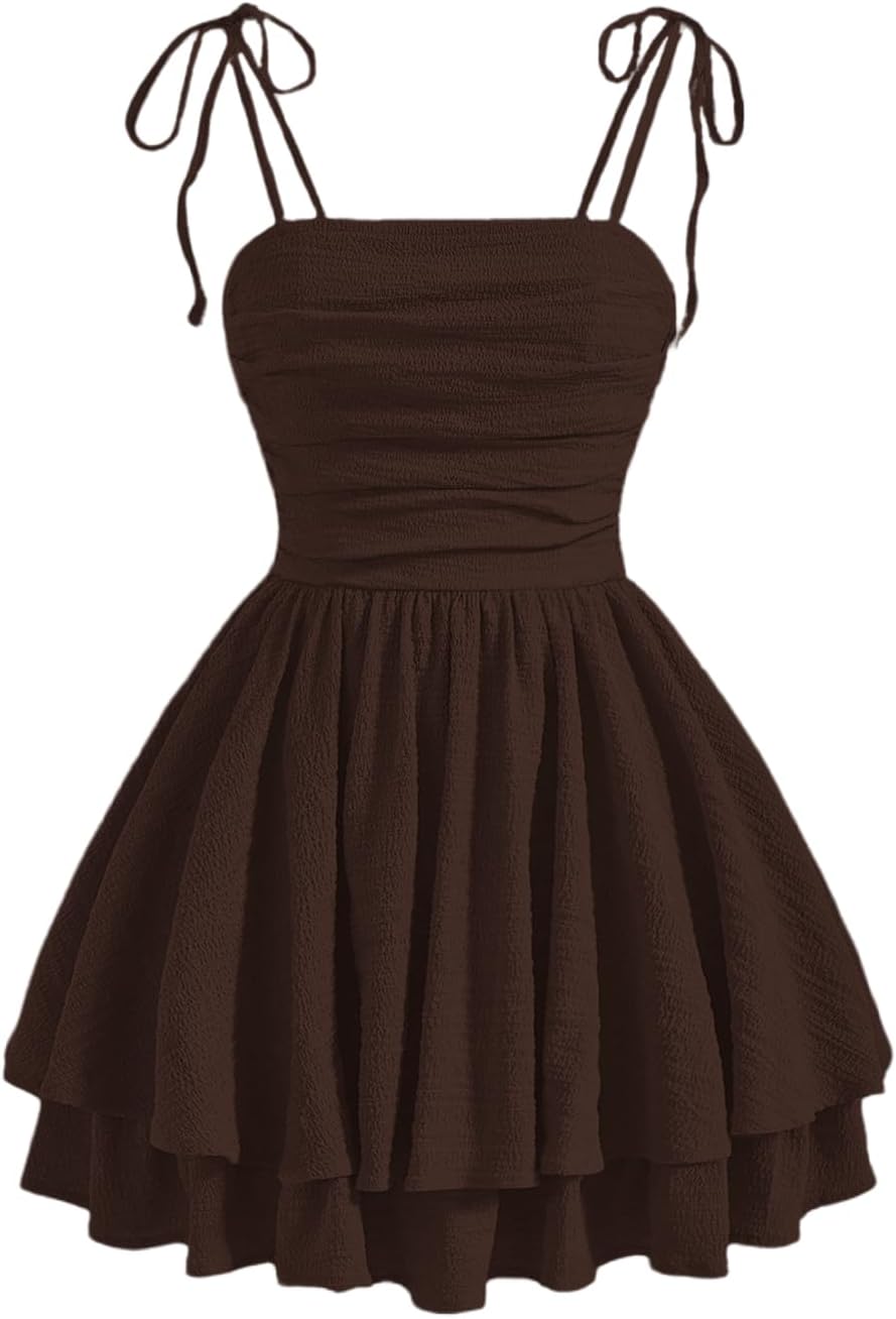 WDIRARA Women's Tie Shoulder Ruched Sleeveless Shirred Layered Ruffle Hem Cocktail Party Cami Dress