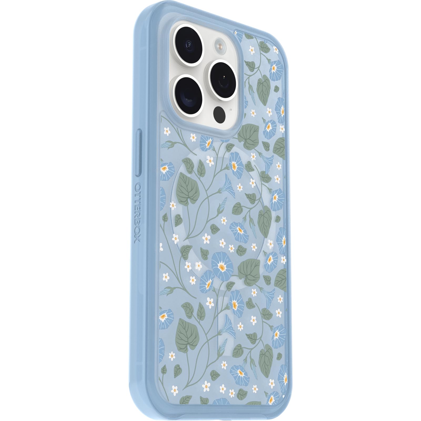OtterBox Custodia Trasparente per iPhone 15 PRO (Only) Symmetry Series - Dawn Floreal (Blu), Si aggancia a MagSafe, Ultra Elegante, Bordi rialzati proteggono Fotocamera e Schermo