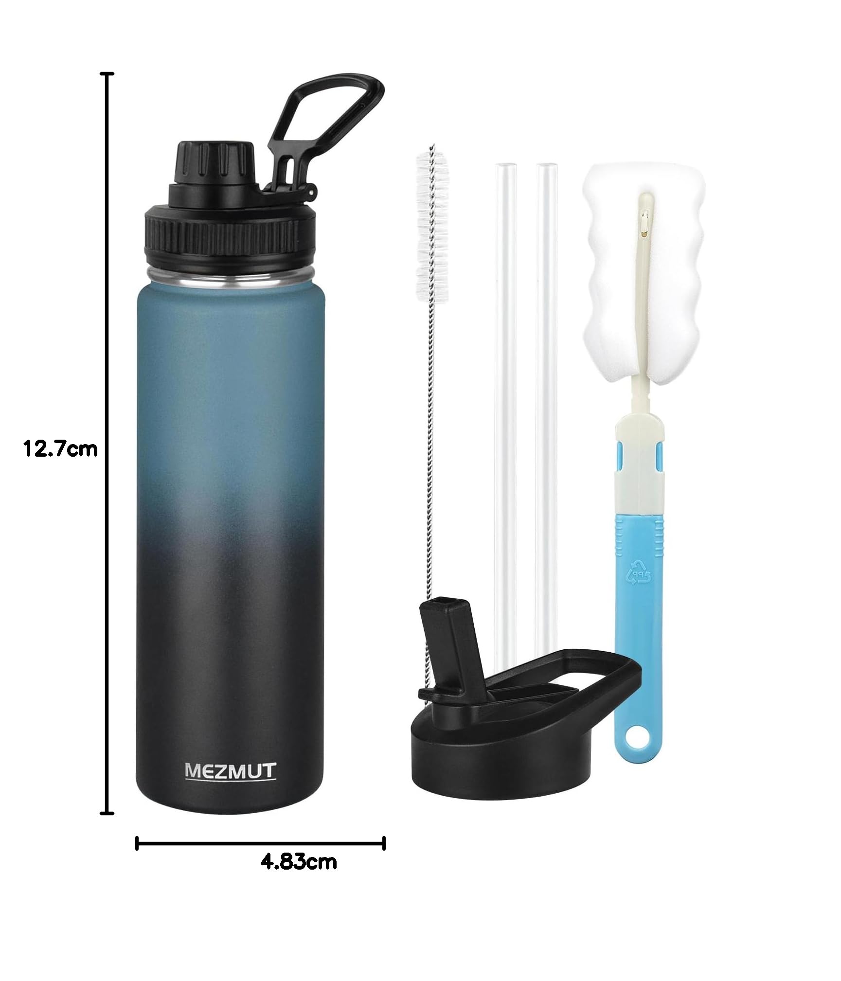 MEZMUT Botella de agua aislada de acero inoxidable de 24 onzas con popote y 3 tapas, botella de agua deportiva de metal, termo de doble pared aislada al vacío, botellas a prueba de fugas (azul