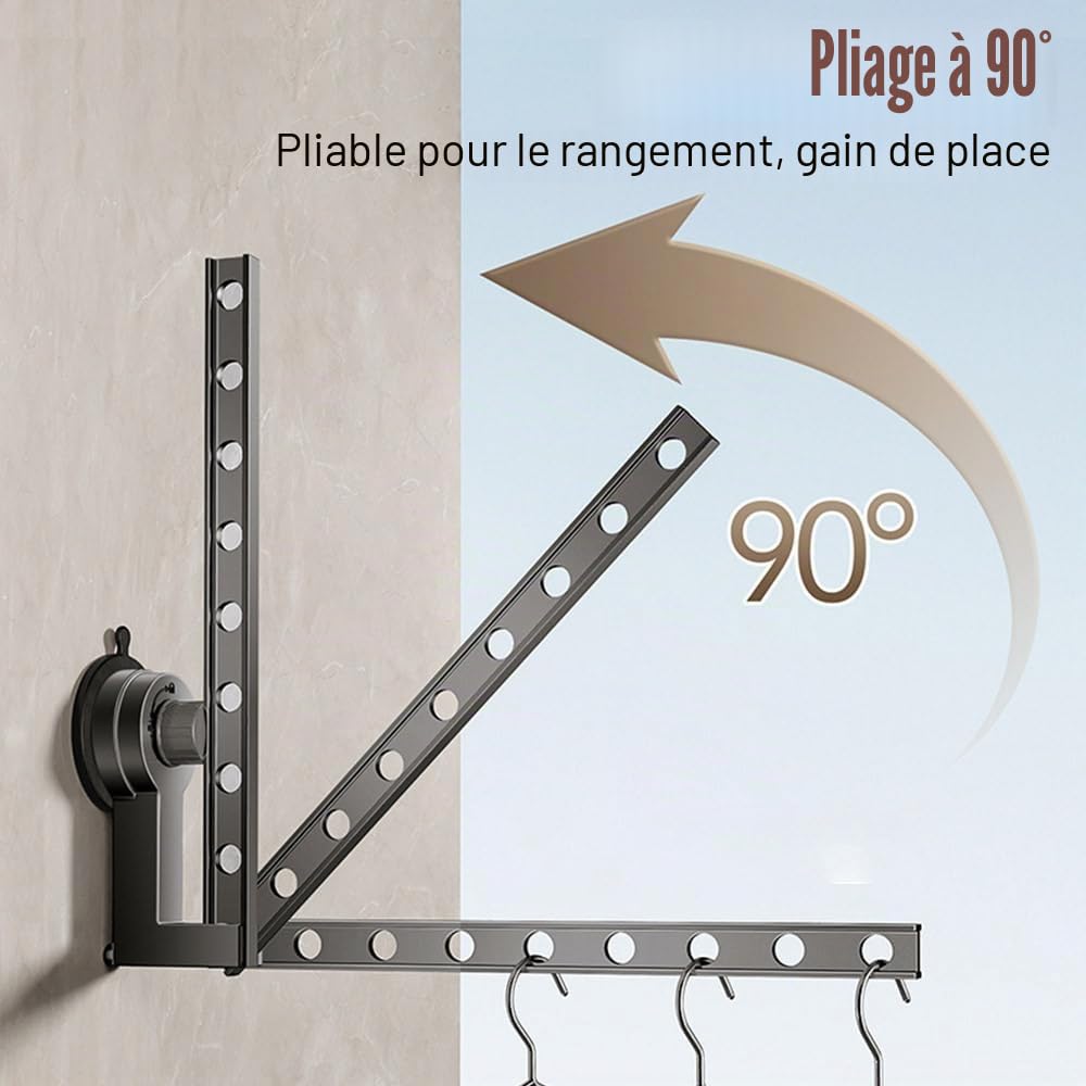 MiOYOOW Étendoir Mural Pliable, Séchoir à Linge à 90°, Porte-Vêtements Portable en Alliage d'aluminium avec Ventouse sans Perforation pour Buanderie, Salle De Bain, Chambre à Coucher