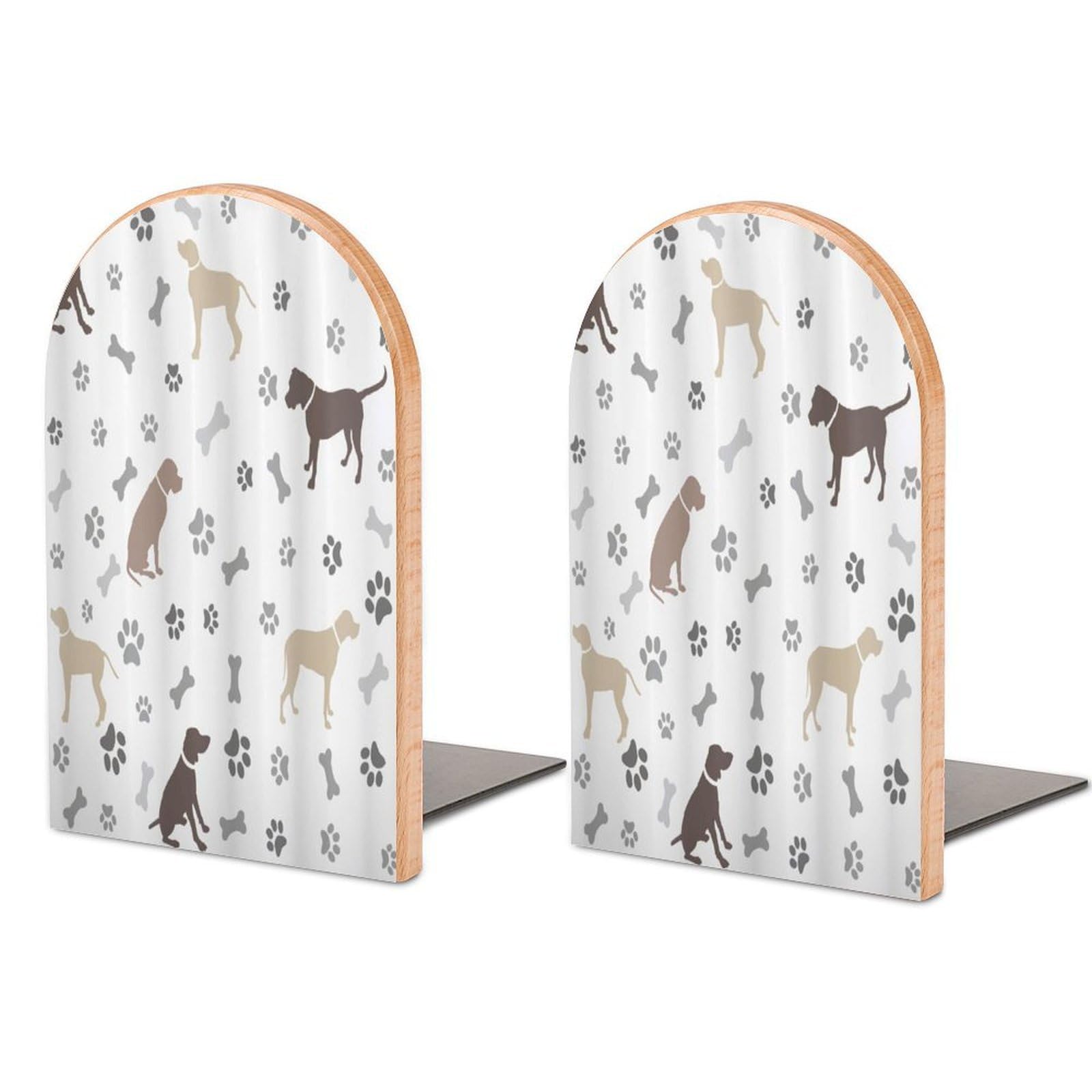 Paw Print Bones Dog American Foxhound Playful Beech Wood Bookends Heavy Duty Book Organizers Desktop File Holder for Office Home Bookshelf