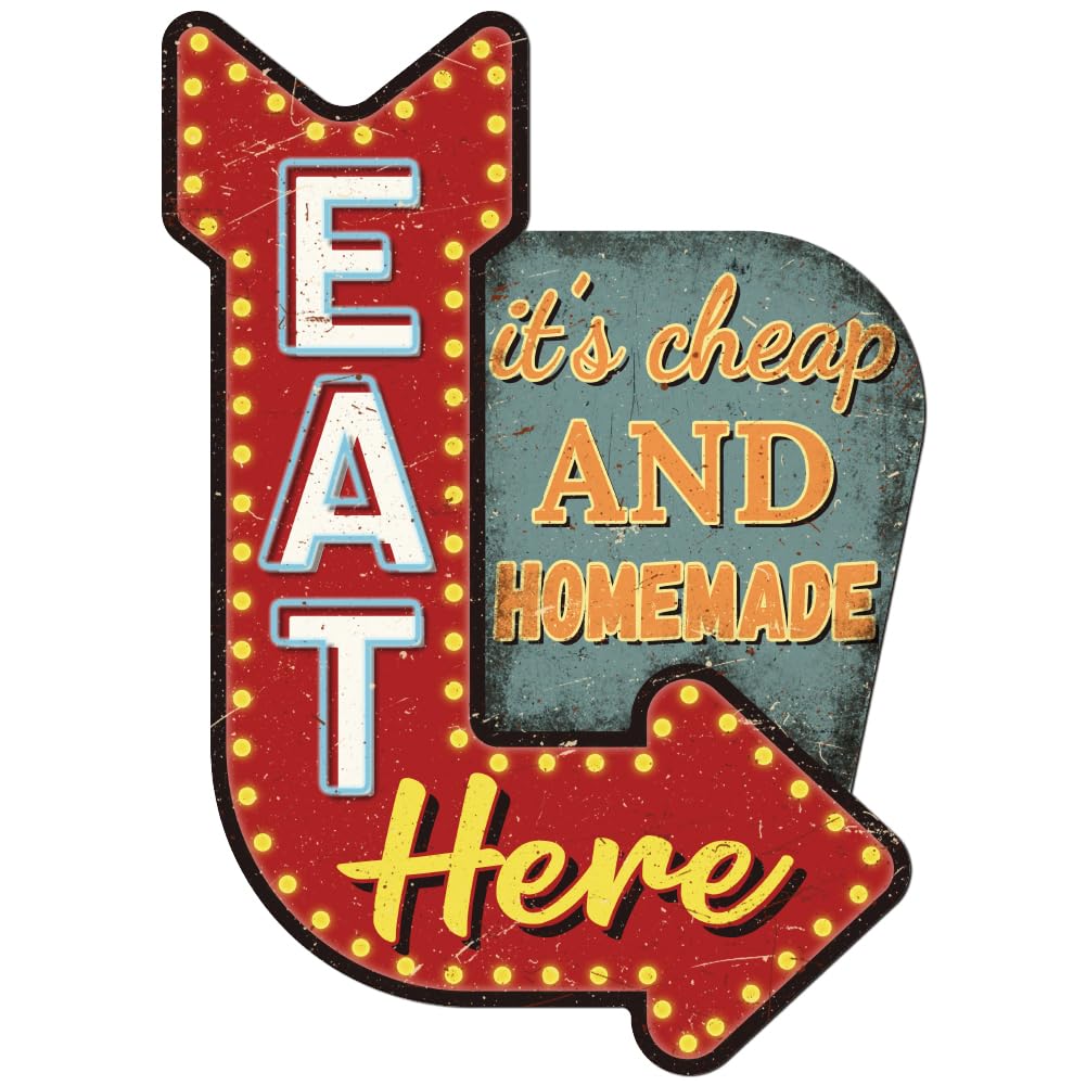 WADORN Mangia Qui Cartello In Metallo Vintage, 27.4x38cm È Economico e Fatto In Casa Divertente Cartello In Metallo Freccia Poster Da Parete Targa In Metallo per Ristorante Pub Cottage Negozio