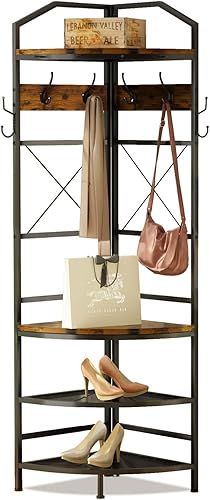 Miniatura 4 de Perchero esquinero de 4 niveles con almacenamiento de zapatos, árbol de entrada con banco y ganchos, estante de madera para ropa de esquina