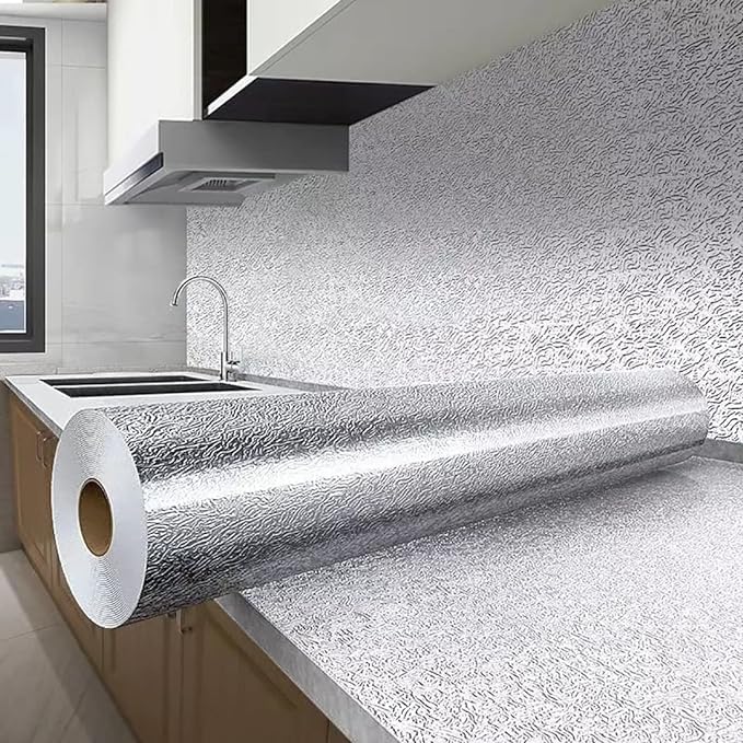SUNBIRD Self-Adhesive Wall Stickers for Kitchen Anti-Mold Heat Resistant Backsplash Aluminium Foil Stickers, Oil Proof, Wallpaper for Walls Drawers and Shelves (12 X 48 Inch, Silver Texture) Texture (B09XXRD2C8) Amazon Price History, Amazon Price Tracker