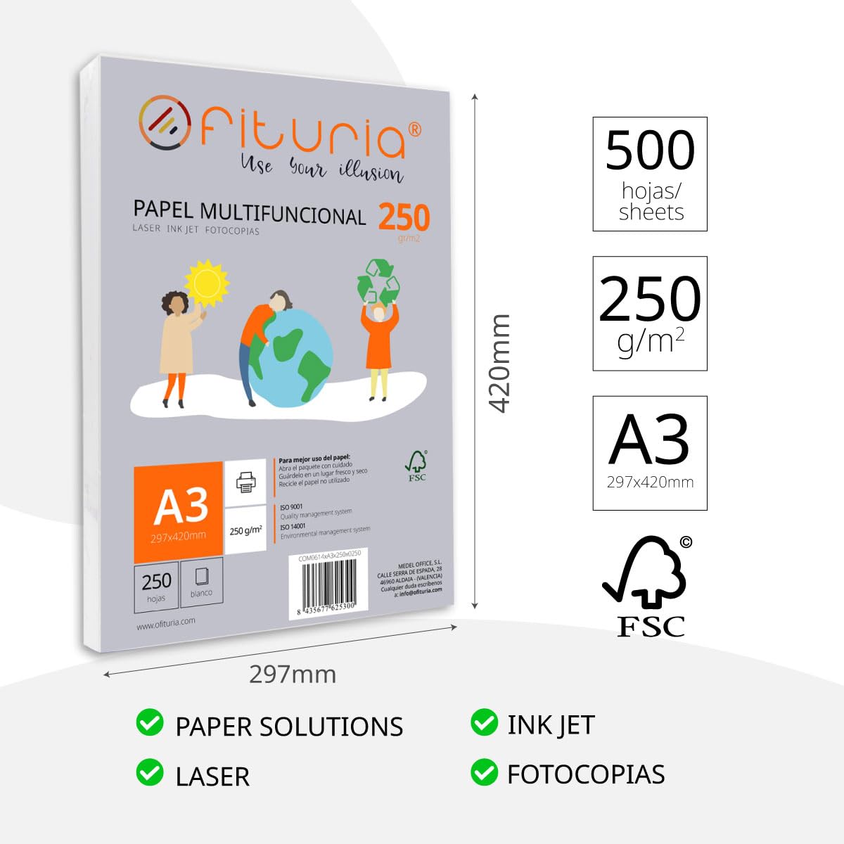 Opakowanie foliowe A3 250gr z 500 białymi arkuszami, wielofunkcyjny papier do użytku szkolnego i pracy. Idealny do drukarek laserowych, atramentowych lub kserokopiarek - Ofituria