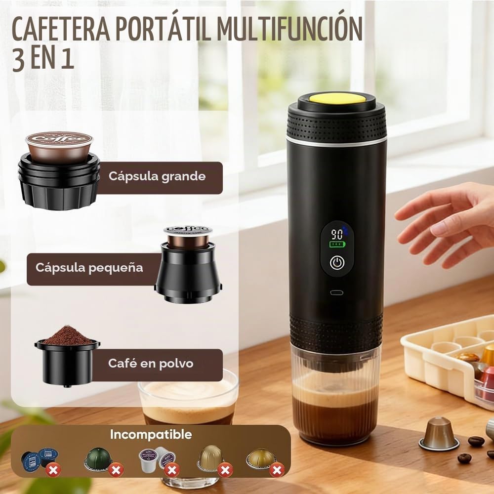 Cafetera Portátil 3 en 1, Mini Cafetera Portátil de Espresso y Capsulas, Autocalentamiento de 5 Minutos, Compatible con Cápsulas y Café Molido, Carga Rápida USB-C, para Acampadas, Senderismo