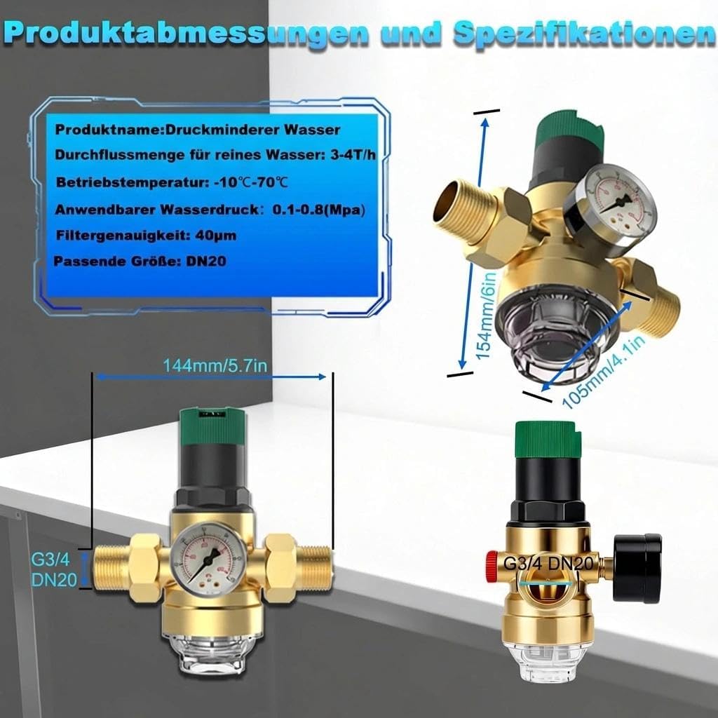 Réducteur de pression d'eau 3/4", réducteur de pression avec manomètre et filtre à tamis, jauge de pression d'eau pour eau potable