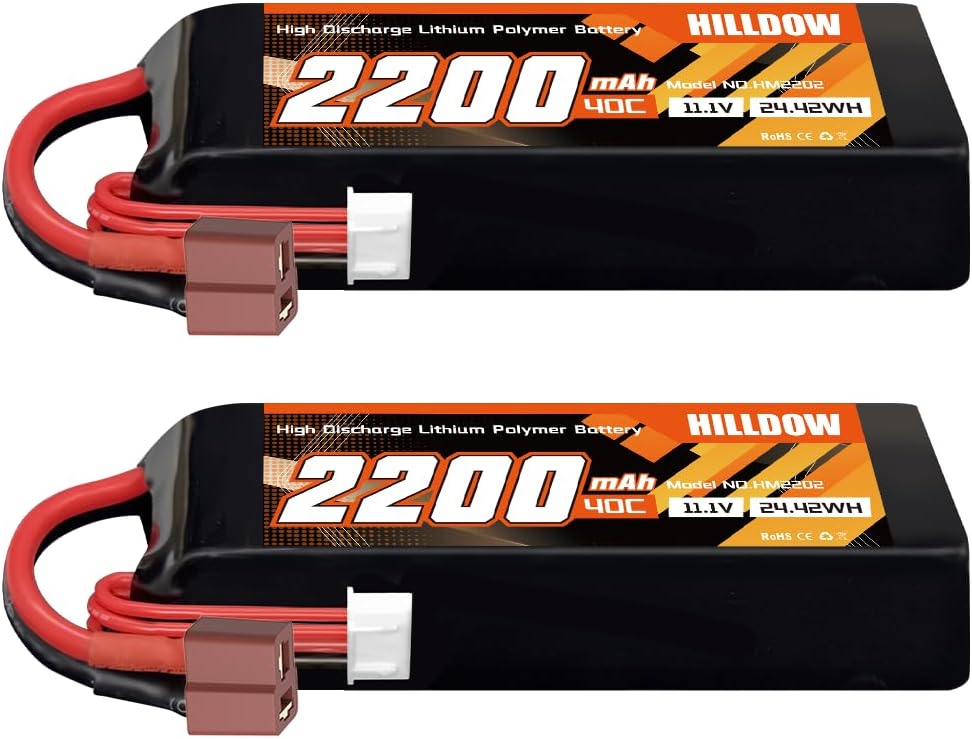 Hilldow 2200mAh RC Battery 3S 40C 11.1V Lipo Battery Soft Case with T Plug Connector for Drone Airplane Quadcopter Helicopter RC Car Truck Vehicles FPV RC Hobby Models (2 Packs)