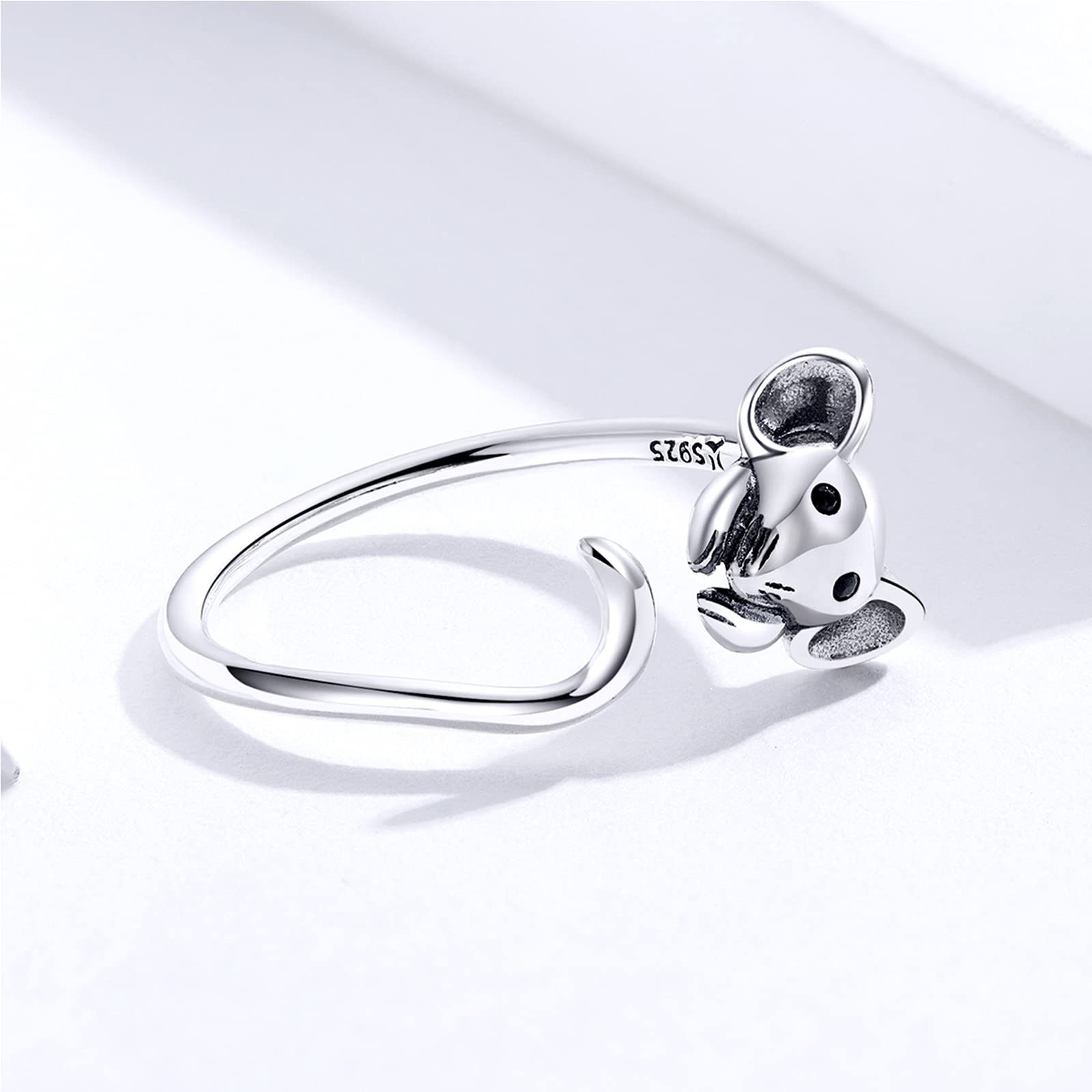 Qings Anillo abierto de plata de ley 925 con diseño de ratón, bonitos anillos ajustables con incrustaciones de circonita cúbica negra para mujeres, adolescentes, niñas, regalo de cumpleaños