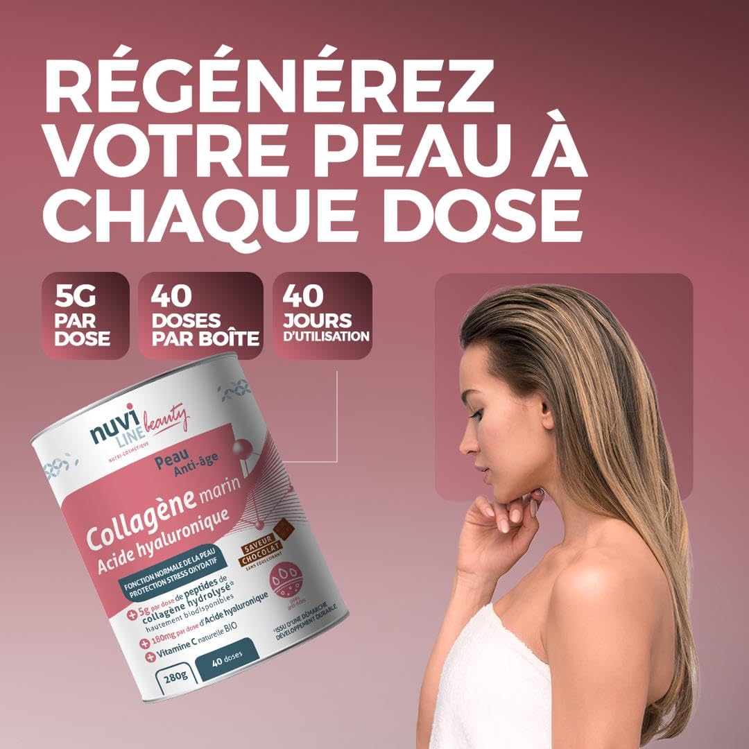 NUVILINE Beauty - Collagène Marin Peau Anti-Âge - Hydrolysé En Poudre - Acide Hyaluronique + Vitamine C BIO - Protection Stress Oxydatif - Premium - France - 280g (45 doses), Chocolat