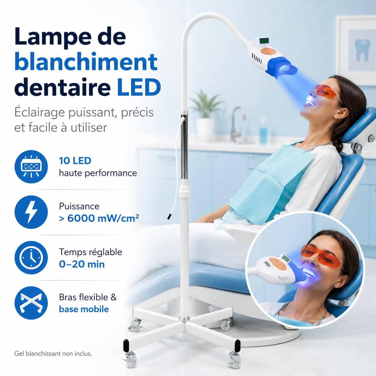 Lampe LED de Blanchiment Dentaire Professionnelle 36 W, Lumière Bleue et Rouge, Minuterie 0–20 Min, Angle Réglable, Appareil de Blanchiment des Dents pour Salon, Cabinet Dentaire et Institut de Beauté