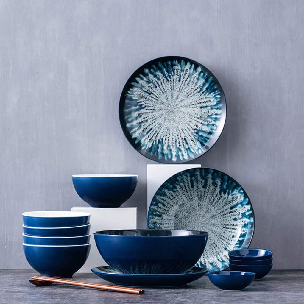 Ensemble de Plats/Assiettes/Bols, Service de Table Vintage en céramique sous glaçure, Vaisselle en Porcelaine avec Assiettes, Bols et Baguettes, 26 pièces pour (