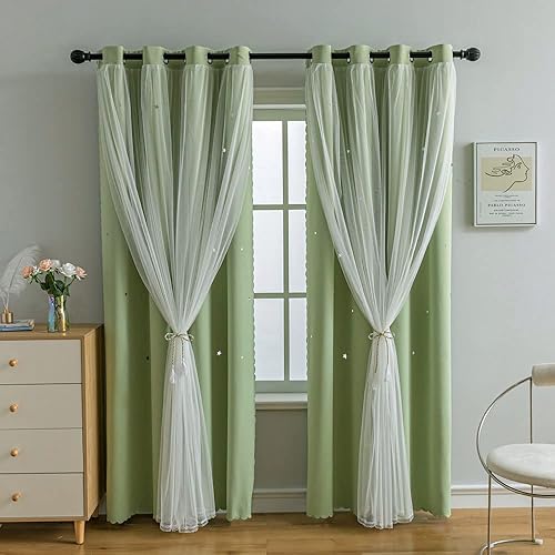 Miniatura 5 de FANLI Cortinas opacas de arcoíris degradado para dormitorio de niños y niñas, sala de estar, rayas oscuras, doble capa, corte de estrellas,