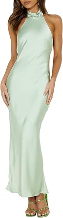 Phicia Sexy Satin Halter Neck Backless Maxi Dress for Women Elegant Tie Cowl Back Formal Wedding Guest Dress for Summer