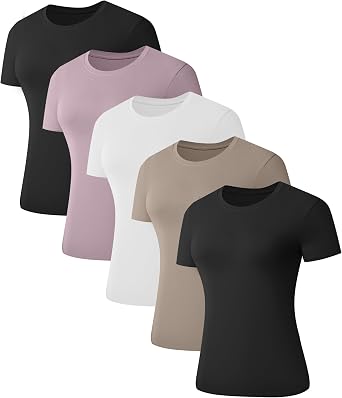 Kinglaman 1/5 Pack Womens Short Sleeve Basic T Shirts Tees Slim Fit Tops