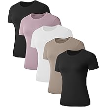 Kinglaman 5 Pack Womens Short Sleeve Basic T Shirts Tees, Slim Fit Crew Neck Tshirt Summer Tops for Casual Workout Trendy