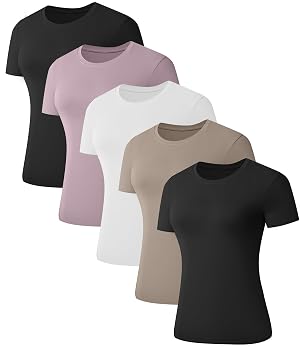 5 Pack Womens Short Sleeve Basic T Shirts Tees Slim Fit Crew Neck Tshirt Summer Tops for Casual