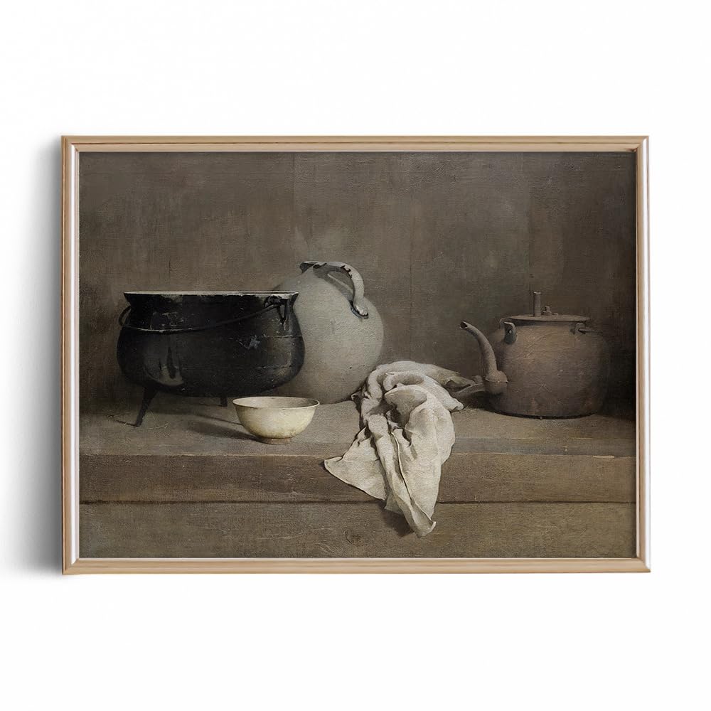 Farmhouse Still Life Pictures Living Room - Beige Neutral Moody Brown Kitchenware Painting - Art Deco Wall Art for Kitchen - 11 x 14 Art Print- Rustic Vintage Decor for Bedroom - Antique French Poster