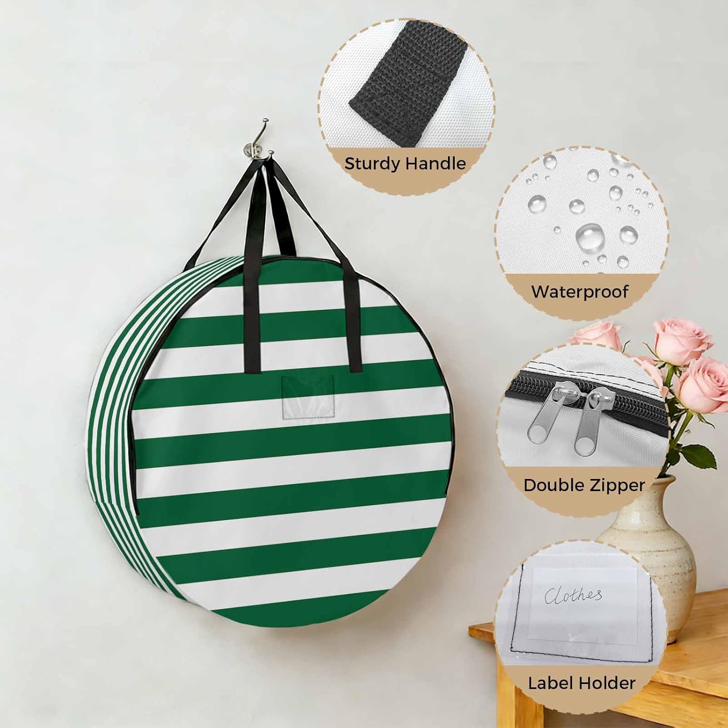 Christmas Green Round Storage Bag 36 Inch, and White Stripe Clothes Storage Container with Handles Heavy Duty Organizer for Comforter, Bedding & Holiday Wreaths