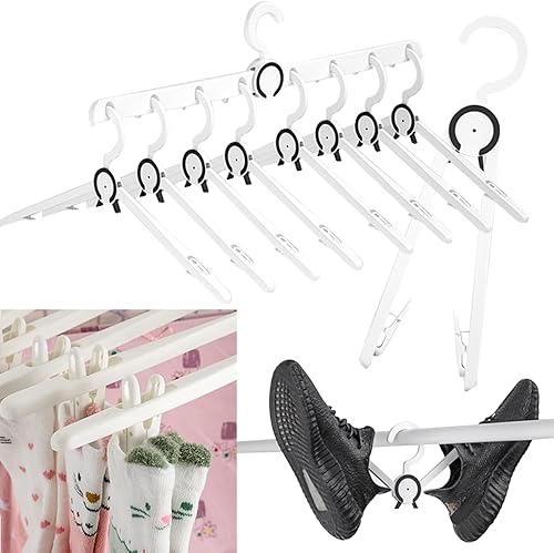 H&W 8 perchas de plástico con clips y 1 organizador de armario y almacenamiento, perchas plegables resistentes, resistentes y plegables con 8