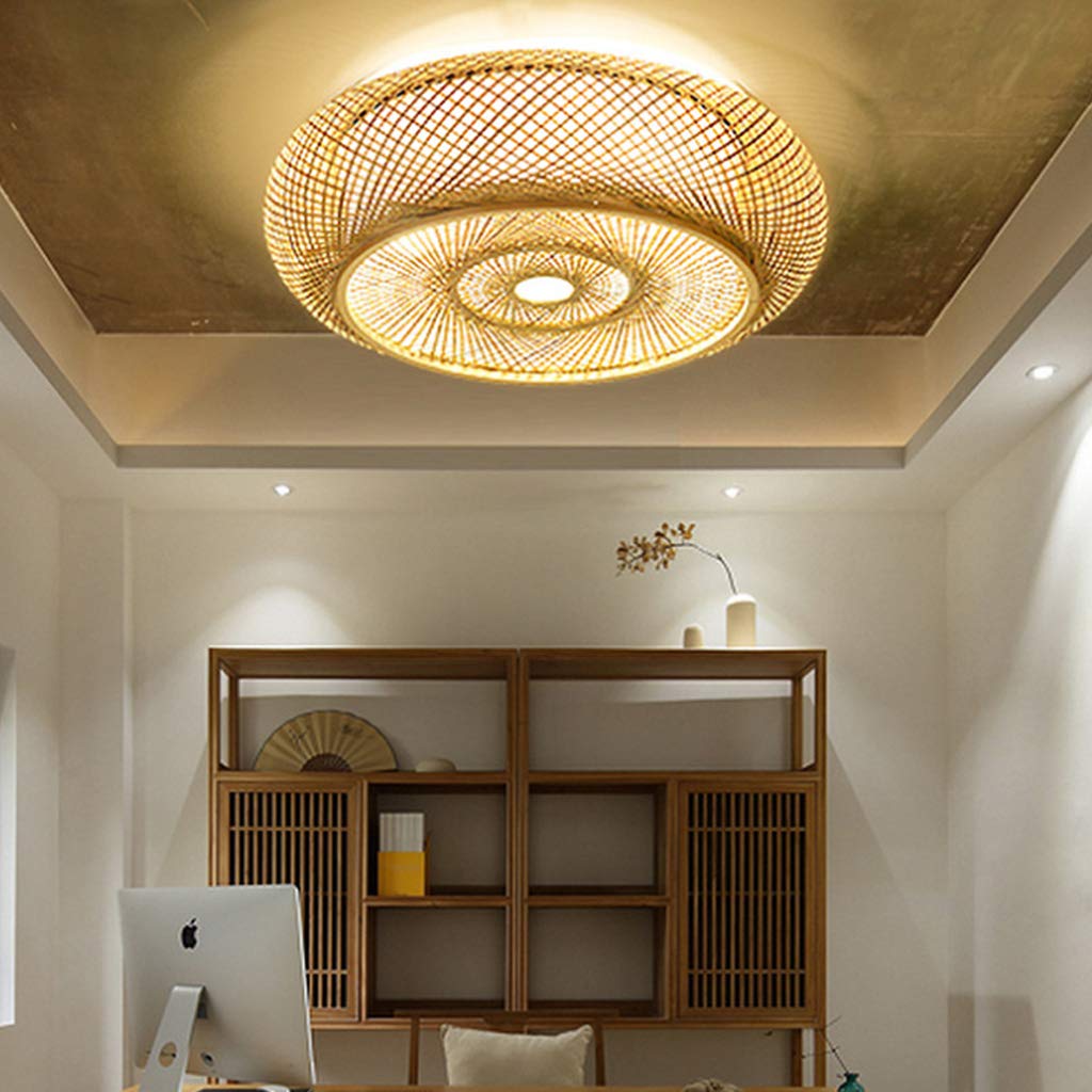 Ciondolo Vintage Retrò Naturale Bambù Lampada A Sospensione Regolabile E27 Luci Pendenti in Altezza Sala Pranzo Soggiorno Cucina Bar Lampadario Illuminazione Pelle Pecora Paralume Plafoniera,50cm