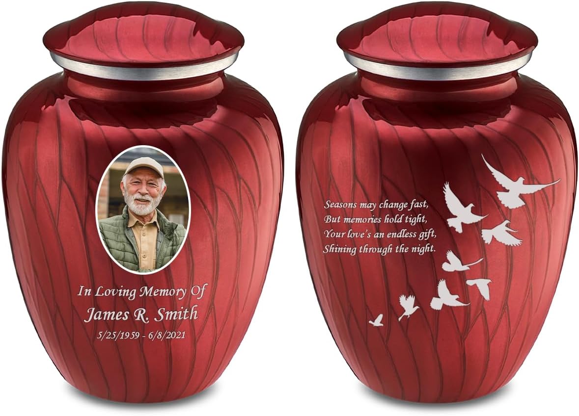 Geturns Embrace Adult Personalized Doves Cremation Urns for Human Ashes I Large Picture Pearl Candy Red Funeral Urn for Adult Men and Women with Double Side Engraving I 200 lbs