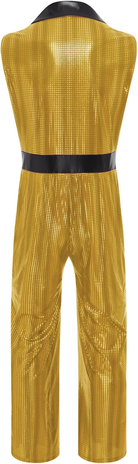 Mens Disco Jumpsuit 70s Lapel V Neck Bodysuit Metallic Shiny Plaid Romper for Men Party Wear