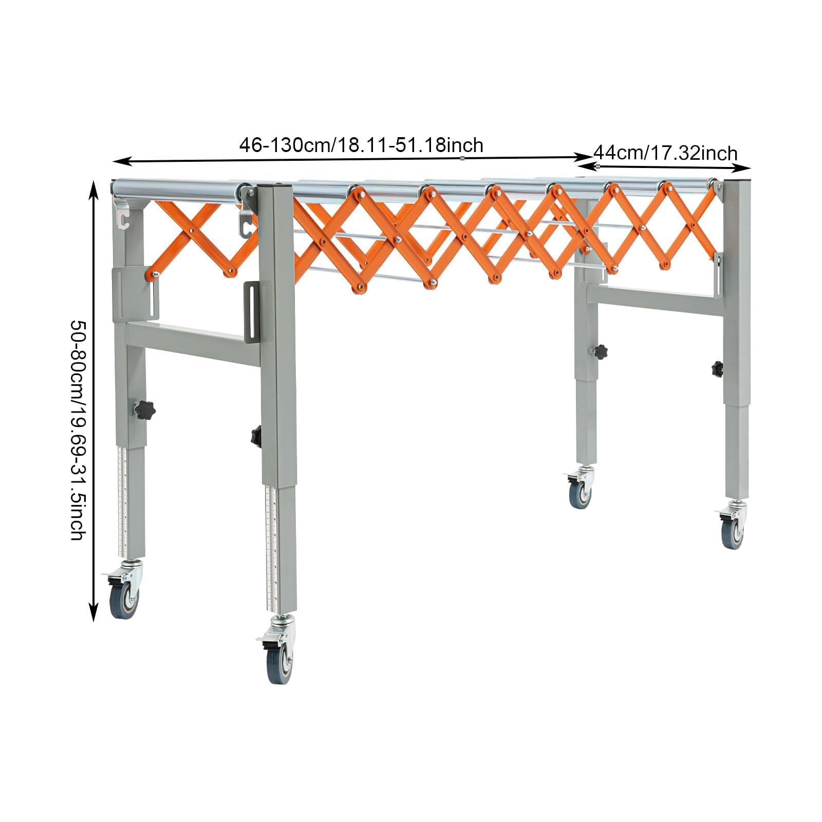 Soporte de Rodillos transportadores Ajustable, Cinta transportadora giratoria Extensible con 4 Ruedas, Mesa Extensible con Sistema de gi-ro de Rodillos y 2 Ganchos, Carro telescópico