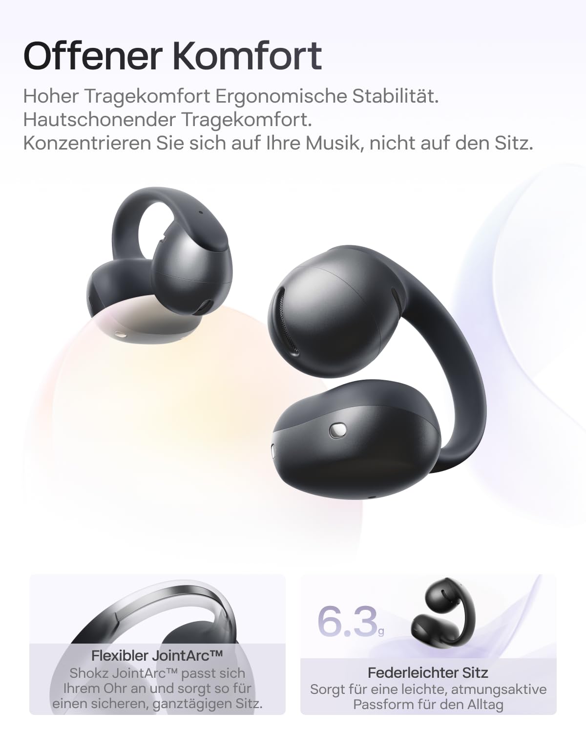 SHOKZ OpenDots Air Open-Ear-Kopfhörer mit Clip-on, ultraleichten 6,3 g, sicherer Passform, Deep Bass, 36 Std. Wiedergabezeit, Bluetooth 6.1, klare Anrufe bei Arbeit und Sport, IP55, Schwarz