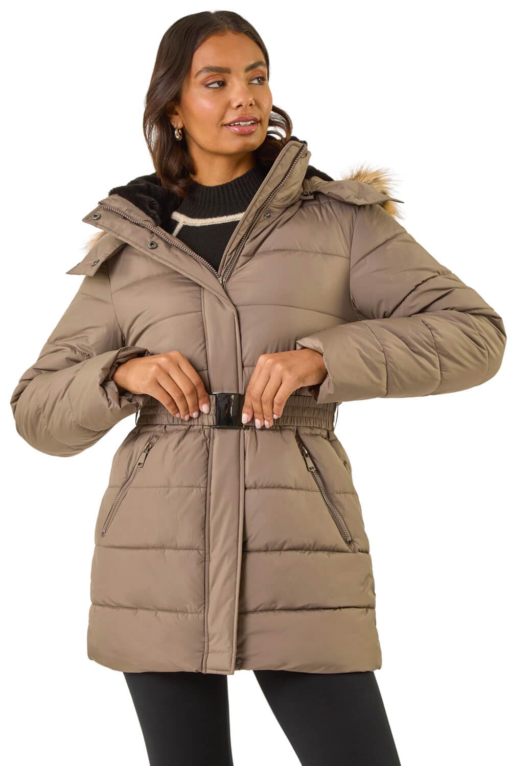 Roman Quilted Padded Coat for Women UK - Ladies Parka Winter Jacket Faux Fur Trim Hooded Short Autumn Waterproof Water Resistant Everyday Holiday Comfy Work - Mocha - Size 20