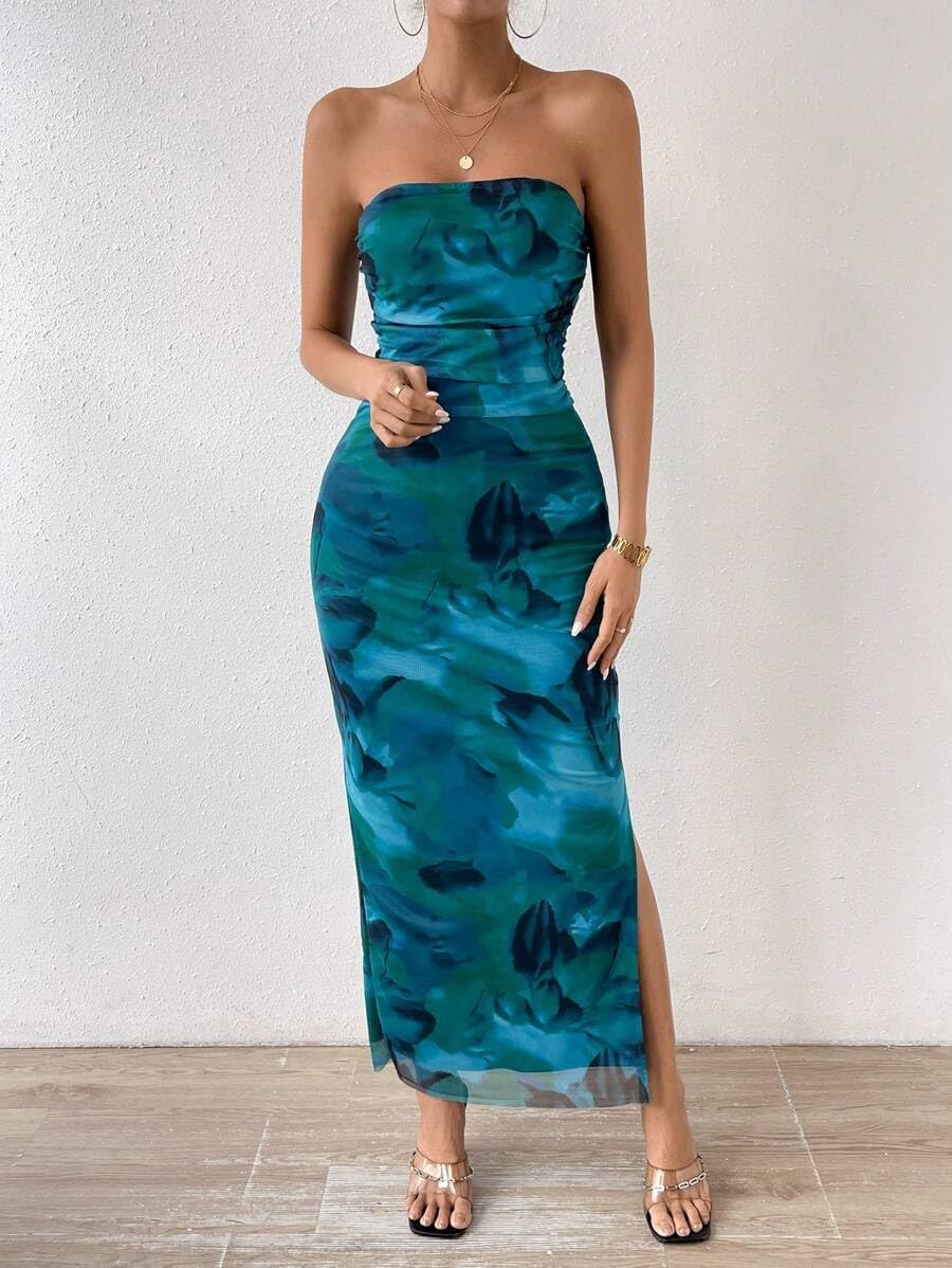 LIGHT DOT Women's Summer Dress Printed Strapless Tube Bodycon Maxi Side Slit Mesh Layered - Image 3