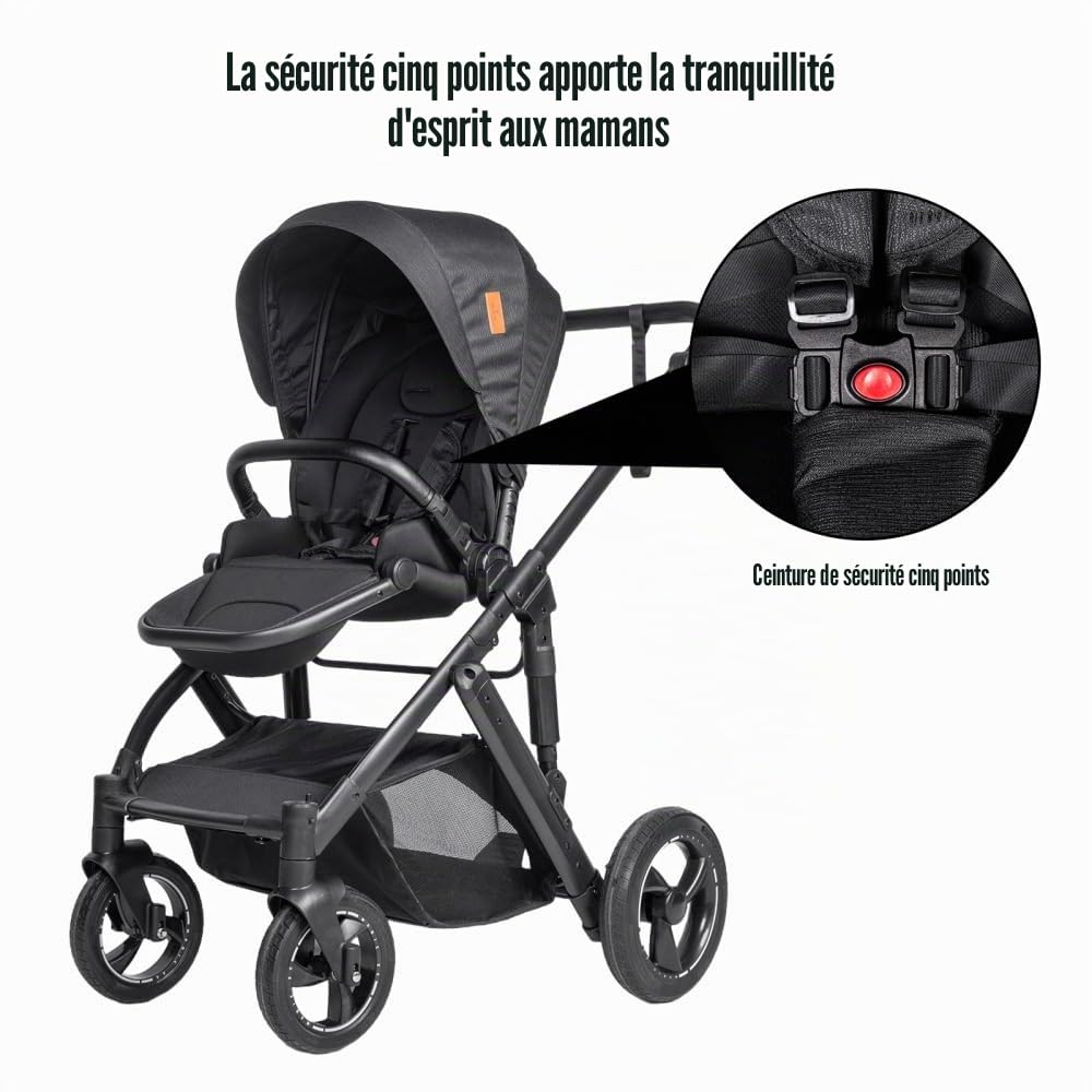 Poussette 4 en 1 avec poignée réglable et châssis aluminium,Noir | Rembourrage épais intégral, hauteur de la poignée modulable selon votre taille