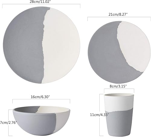 Miniatura 6 de MORGIANA Juego de vajilla de bambú de 8 piezas, platos reutilizables, tazones, platos de picnic para campamento, juego de vajilla para 2 (gris y