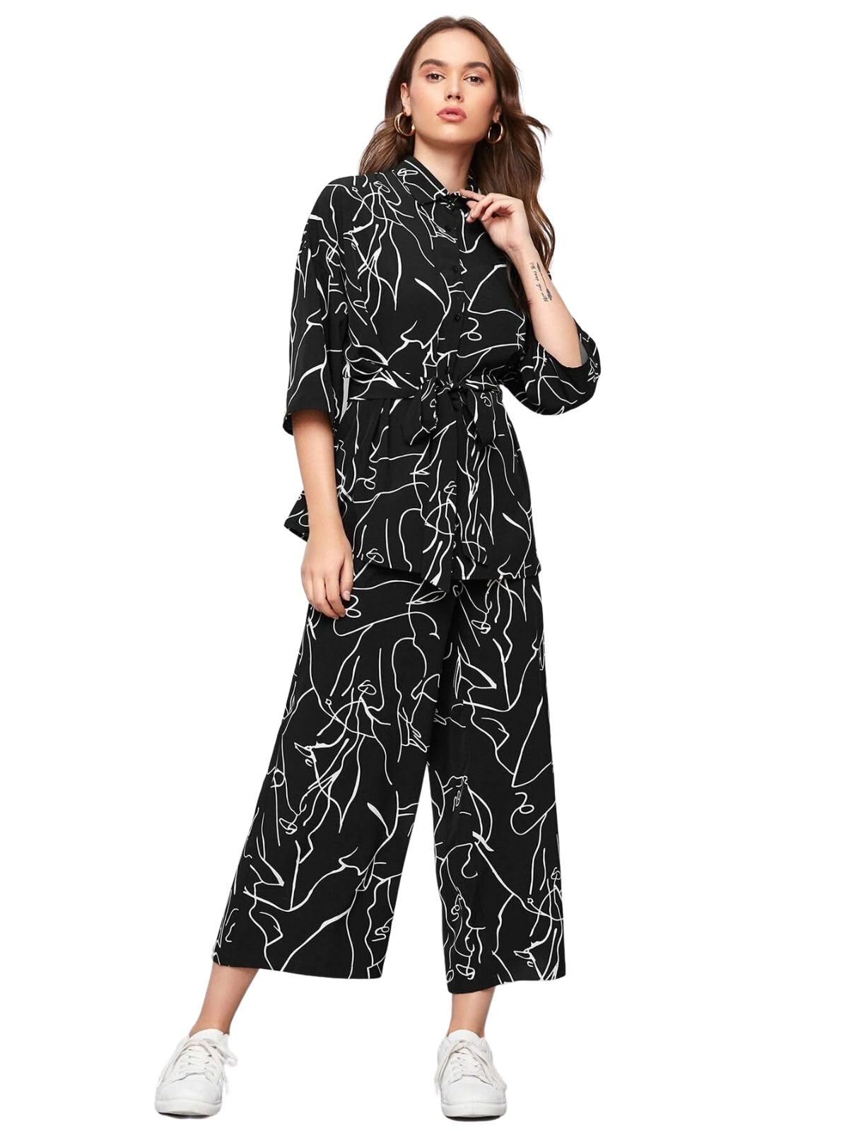 Leriya Fashion Nightdress For Women || Nightdress For Women || Rayon Collared Self Belted Allover Print Shirt Top & Wide Leg Pants Set || Comfortable Lounge Wear || Sleep Wear. (Small, Black)