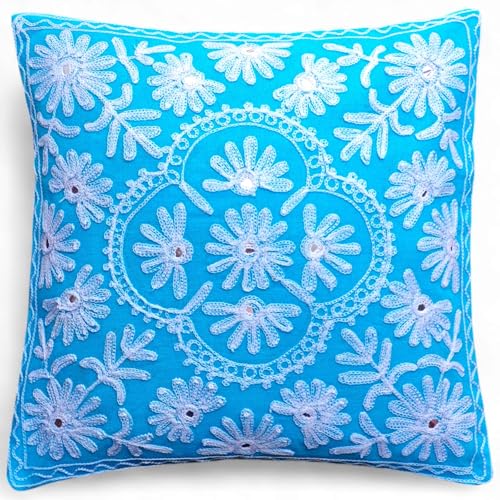 Image of Original Kikan Boho Hand Embroidered Floral Cushion Cover, Green, Cotton, 40x40 cm, Bohemian Indian Design, Square Throw Pillow Case (Blue)