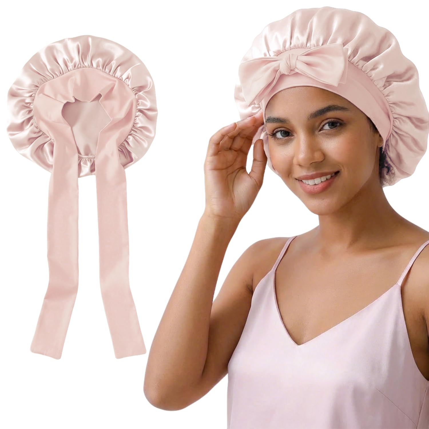 100% Mulberry Silk Sleep Cap Breathable Soft Adjustable for Curly & Straight Hair Pink