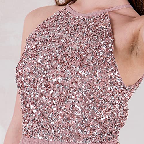Maya Deluxe Damen Womens Ladies Bridesmaid Maxi Dress Halter Neck Sequin Embellished Prom Graduation Wedding Brautjungfernkleid, Frosted Pink, 28 4