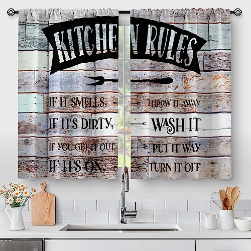 Aimego Wooden Barn Farmhouse Kitchen Curtains - Rustic Wood Country Retro Small Short Cafe Tier Curtains Decor for Living Dining Room Farm Family Rules Window Drapes RV Curtains 2 Panels 28"x30"