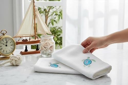 Miniatura 3 de Serafina Home Toallas de baño para dedos con tortugas: toallas de verano náuticas suaves y absorbentes para invitados con decoración de tortuga azul
