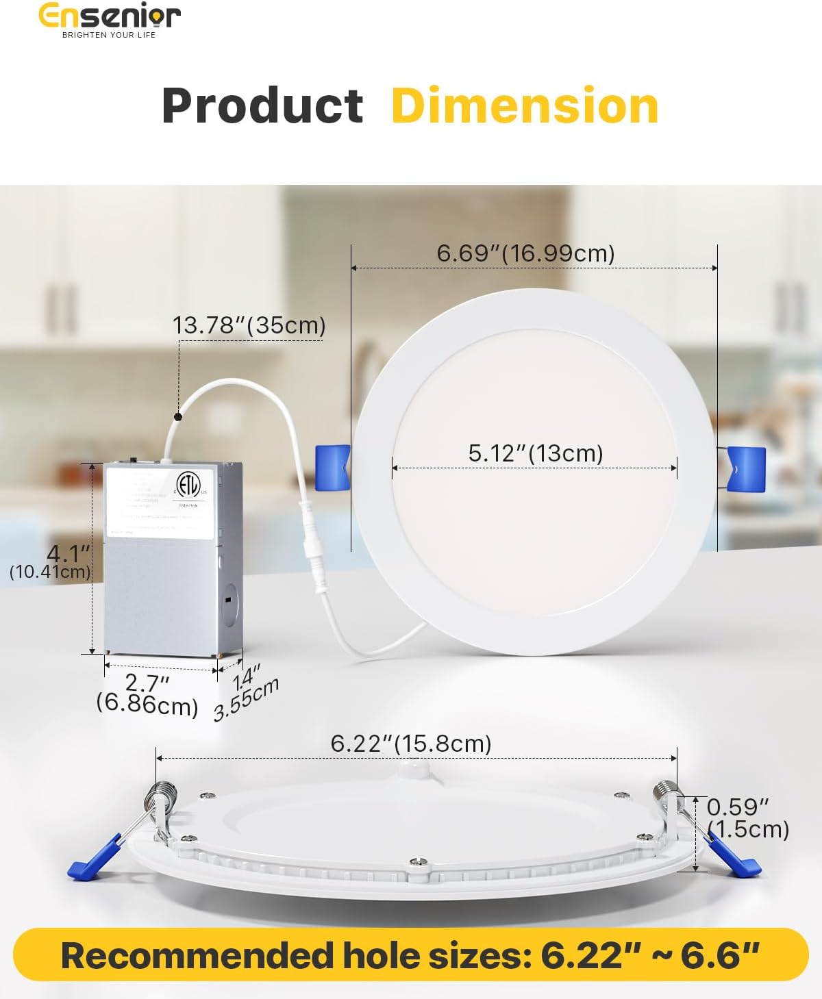 Ensenior 6 Pack 6 Inch LED Recessed Light, Dimmable, 2700K-5000K 5CCT, 1050LM High Brightness, 12W 120V, Damp Rated, Ultra-Thin Canless Wafer Ceiling Light - ETL & FCC & IC